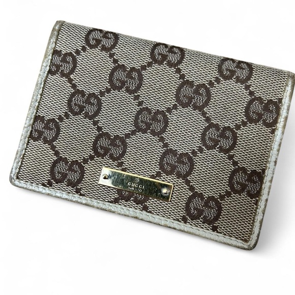 Gucci GG Canvas Card Holder Wallet Beige Brown Monogram Gold Logo Plate - Picture 1 of 8